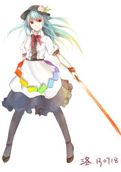 Rule 34 | 1girl, artist name, bad id, bad pixiv id, blue hair, dated, food, fruit, gradient hair, hat, highres, hinanawi tenshi, long hair, luuuo (luuuo0102), multicolored hair, pantyhose, peach, red eyes, simple background, solo, sword, sword of hisou, touhou, weapon, white background