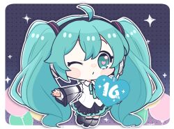 Rule 34 | 1girl, aqua eyes, aqua hair, balloon, black footwear, black skirt, black sleeves, blush stickers, boots, chibi, closed mouth, collared shirt, commentary, detached sleeves, full body, hair between eyes, hatsune miku, hatsune miku (nt), heart, heart-shaped pupils, long hair, long sleeves, looking at viewer, najo, one eye closed, piapro, pleated skirt, see-through, see-through sleeves, shirt, signature, skirt, sleeves past wrists, solo, symbol-shaped pupils, thigh boots, twintails, very long hair, vocaloid, white shirt, wide sleeves