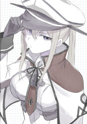 Rule 34 | 1girl, absurdres, black gloves, blue eyes, breasts, capelet, celtic knot, closed mouth, cross, gloves, graf zeppelin (kancolle), grey hair, hair between eyes, hand on headwear, hat, highres, iron cross, kantai collection, large breasts, long hair, long sleeves, looking at viewer, military, military uniform, peaked cap, simple background, solo, toriniku senshi chikinman, twintails, uniform, upper body, white hat