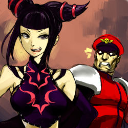 Rule 34 | 1boy, 1girl, ^^^, bare shoulders, blunt bangs, breasts, capcom, chili (ringosixtwooh), clenched teeth, detached sleeves, drill hair, elbow gloves, gloves, halterneck, han juri, hat, looking at viewer, m. bison, medium breasts, midriff, military, o o, purple eyes, shoulder pads, skull, sleeveless, smile, street fighter, street fighter iv (series), sweatdrop, teeth, twin drills, twintails