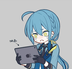 Rule 34 | 1boy, ahoge, apple inc., applin, arrow (symbol), black gloves, black necktie, blue hair, blue ribbon, blue shirt, blue vest, blush, braid, bright pupils, collared shirt, creatures (company), crying, ear blush, earphones, flat color, game freak, gen 8 pokemon, gloves, grey background, hair ribbon, hands up, holding, holding tablet pc, humanization, inteleon, japanese text, logo parody, long hair, long sleeves, looking down, male focus, merlusa, multicolored hair, necktie, nintendo, nose blush, open mouth, pokemon, ponytail, quill, ribbon, sad, shirt, sidelocks, simple background, single braid, sketch, solo, standing, streaked hair, tablet pc, tears, translation request, two-tone hair, upper body, vest, wavy eyes, white pupils, wireless earphones, yellow eyes