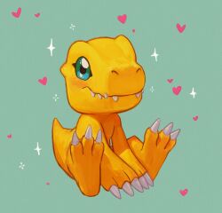 Rule 34 | agumon, agumon (artist), blush, claws, closed mouth, colored skin, commentary, digimon, digimon (creature), dragon, english commentary, fangs, full body, green background, green eyes, heart, highres, light smile, looking at viewer, monster, on floor, orange skin, simple background, sitting, smile, solo, sparkle