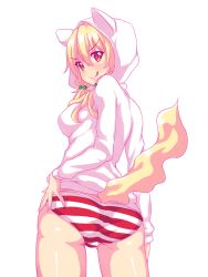 Rule 34 | 1girl, animal ears, animal hood, ass, blonde hair, blush, breasts, cat ears, cat hood, cat tail, from behind, hair bobbles, hair ornament, hand on ass, highres, hood, hoodie, long hair, looking at viewer, looking back, naala, naughty face, nottytiffy, original, panties, red eyes, shiny skin, sideboob, smile, solo, striped clothes, striped panties, tail, underwear