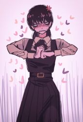 Rule 34 | 1girl, 31ulkubo, anger vein, black dress, black hair, blush, chainsaw man, commentary, contrapposto, cowboy shot, cracking knuckles, dress, fourth east high school uniform, heart, long dress, low twintails, mitaka asa, pinafore dress, pleated dress, school uniform, sleeveless, sleeveless dress, solo, sweatdrop, symbol-only commentary, twintails