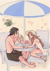 Rule 34 | 1boy, 1girl, aerith gainsborough, bangle, bare shoulders, barefoot, beach, beach chair, beach umbrella, bikini, black hair, blindfold, blush, bracelet, brown hair, closed eyes, couple, cup, drinking, elbow rest, final fantasy, final fantasy vii, final fantasy vii ever crisis, food, fruit, hair pulled back, hat, heart, highres, holding, holding cup, holding hands, jewelry, long hair, looking at another, musical note, ninnin5tora, official alternate costume, outdoors, parted bangs, pink bikini, sand, sandals, sidelocks, sitting, smile, spiked hair, spoken musical note, straw hat, swimsuit, tonberry, topless male, umbrella, watermelon, watermelon slice, zack fair