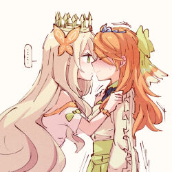 Rule 34 | ..., 2girls, alonemistrist, blonde hair, blush, bow, butterfly hair ornament, celine (fire emblem), closed eyes, commentary, crown, dress, english commentary, etie (fire emblem), fire emblem, fire emblem engage, from side, green bow, green eyes, hair bow, hair ornament, hands on another&#039;s shoulders, imminent kiss, long hair, long sleeves, looking at another, multiple girls, nintendo, orange gemstone, orange hair, shirt, short sleeves, spoken ellipsis, tiara, very long hair, white background, white dress, yuri