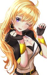 Rule 34 | 1girl, ;d, blonde hair, breasts, cleavage, fingerless gloves, gloves, highres, i.f.s.f, long hair, one eye closed, open mouth, purple eyes, rwby, smile, solo, vambraces, yang xiao long