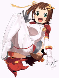 Rule 34 | 1girl, amami haruka, ass, bad id, bad pixiv id, bodysuit, breasts, brown hair, female focus, full body, gloves, green eyes, huge breasts, idolmaster, idolmaster (classic), idolmaster 1, kemeko, kemeko deluxe, legs, open mouth, parody, ribbon, short hair, shue, simple background, solo
