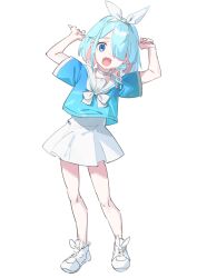 Rule 34 | 1girl, absurdres, arona (blue archive), blue archive, blue eyes, blue shirt, cottone (highjethoo), full body, hands up, highres, looking at viewer, school uniform, serafuku, shirt, shoes, skirt, solo, standing, white background, white footwear, white skirt