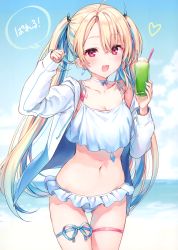 Rule 34 | 1girl, :3, :d, absurdres, ahoge, bare shoulders, bikini, blonde hair, blue hair, breasts, choker, cleavage, collarbone, cowboy shot, crop top, crop top overhang, cup, drawstring, drinking glass, drinking straw, food, frilled bikini, frills, hair ornament, hands up, heart, highres, holding, holding cup, ice cream, jacket, komeshiro kasu, leg ribbon, long hair, long sleeves, looking at viewer, medium breasts, multicolored hair, navel, off shoulder, open clothes, open jacket, open mouth, original, parted bangs, red eyes, ribbon, scan, smile, solo, speech bubble, standing, stomach, swimsuit, thigh gap, thigh ribbon, thigh strap, tropical drink, twintails, two-tone hair, very long hair, virtual youtuber, white bikini, white jacket