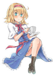 Rule 34 | 1girl, absurdres, alice margatroid, aqua eyes, blonde hair, blush, boots, capelet, commentary request, cup, full body, hairband, highres, looking at viewer, onomiya, short hair, simple background, skirt, smile, solo, touhou, white background