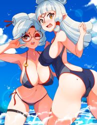Rule 34 | 2girls, ass, back cutout, bare shoulders, bikini, black bikini, blue sky, blunt bangs, blush, breasts, cleavage, clothing cutout, cloud, collarbone, cowboy shot, day, embarrassed, eyeshadow, facepaint, from behind, glasses, grey hair, hair bun, highres, large breasts, long hair, looking at viewer, looking back, m/, makeup, multiple girls, navel, nintendo, ocean, one-piece swimsuit, one eye closed, open mouth, partially submerged, paya (zelda), pointy ears, purah, red-framed eyewear, red eyes, red eyeshadow, sky, standing, swimsuit, the legend of zelda, the legend of zelda: breath of the wild, the legend of zelda: tears of the kingdom, tiger1001, water, wavy mouth, wink, yellow eyes