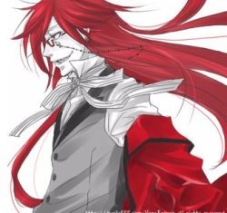 Rule 34 | 00s, 1boy, bow, coat, dress shirt, glasses, grell sutcliff, grin, kuroshitsuji, long hair, lowres, male focus, partially colored, profile, red hair, sharp teeth, shinigami, shirt, smile, solo, teeth, trench coat, upper body, vest, white background