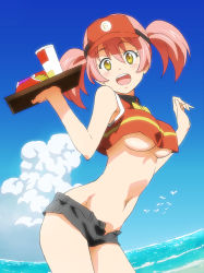 Rule 34 | 1girl, :d, beach, belly, bird, blush, breasts, cloud, crop top, crop top overhang, day, fisheye, food, french fries, ginmaru, hat, hataraku maou-sama!, large breasts, mcdonald&#039;s, midriff, navel, open mouth, outdoors, red hair, sasaki chiho, seagull, short hair, short shorts, shorts, sky, smile, solo, tray, twintails, underboob, visor, visor cap, yellow eyes