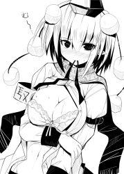 Rule 34 | 1girl, ai takurou, armband, blush, bow, bow bra, bra, breasts, buttons, cleavage, closed mouth, comic, eyebrows, greyscale, hair between eyes, hair ornament, hand on own arm, large breasts, long sleeves, looking at viewer, monochrome, mouth hold, navel, nose blush, open mouth, scarf, shameimaru aya, shirt, short hair, simple background, sketch, solo, stomach, sweat, tears, touhou, unbuttoned, underwear, upper body, white background, white shirt