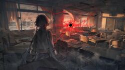 Rule 34 | 1girl, absurdres, black hole, broken window, building, ceiling, chair, chalkboard, classroom, curtains, dust, from behind, glass, highres, holding, holding suitcase, indoors, light, lightning, notebook, original, rsef, shadow, solo, standing, suitcase, table, window