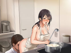 Rule 34 | 1girl, apron, areola slip, blush, breasts, brown eyes, brown hair, cooking, cunnilingus, door, embarrassed, food, highres, holding, indoors, inkey, kitchen, ladle, large breasts, legs, long hair, looking at viewer, matching hair/eyes, naked apron, open mouth, oral, original, ponytail, risou no oku-san to! shitaikoto, zenbu, standing, thighs