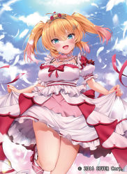 Rule 34 | 1girl, :d, ahoge, akai haato, akai haato (6th costume), bare legs, blonde hair, blue eyes, blue sky, blush, breasts, cloud, day, dress, feathers, frilled dress, frills, gradient hair, hair between eyes, hair ornament, heart, heart print, highres, hololive, large breasts, looking at viewer, makinan, multicolored hair, nail polish, official art, open mouth, pink hair, puffy short sleeves, puffy sleeves, red footwear, red nails, shoes, short sleeves, skirt hold, sky, smile, solo, streaked hair, tiara, twintails, virtual youtuber, white dress