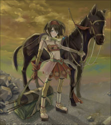 Rule 34 | arrow (projectile), blush, bow (weapon), brown hair, clog sandals, cloud, earrings, feet, flat chest, gloves, hairband, highres, horse, jewelry, metalinu, midriff, necklace, quiver, shin sangoku musou, short hair, skirt, solo, sun shang xiang, thighhighs, weapon