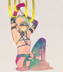 Rule 34 | 1boy, armlet, arms up, bdsm, black blindfold, black collar, black gloves, black thighhighs, blindfold, blush, bondage, bound, chain, collar, commentary, crescent print, cuffs, elbow gloves, english commentary, full body, gloves, grey background, heart, heart print, highres, hoshi-pan, knee up, loose hair strand, navel, nude, original, parted lips, pectoral bondage, pink gloves, ribbon, shackles, sitting, spiked collar, spikes, thighhighs, white hair, wrist cuffs, yellow ribbon