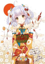 Rule 34 | 1girl, ahoge, artist name, basket, bird, braid, braided hair rings, brown eyes, brown kimono, chicken, chinese zodiac, cowboy shot, dated, easter, easter egg, egg, floral print, fushimi sameta, hair rings, happy new year, head tilt, highres, holding, holding basket, japanese clothes, japanese flag, kimono, kotoyoro, looking at viewer, new year, original, rooster, short hair, signature, solo, wavy hair, white background, white hair, year of the rooster, yellow eyes