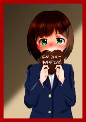 Rule 34 | 0:00, 1girl, blazer, blue jacket, blush, border, brown hair, chocolate, commentary, covering own mouth, food, green eyes, heart, highres, holding, holding food, idolmaster, idolmaster cinderella girls, jacket, long sleeves, looking at viewer, maekawa miku, red border, school uniform, shirt, short hair, solo, upper body, valentine, white shirt