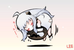 Rule 34 | 10s, 1girl, abyssal ship, ahoge, artist name, closed eyes, flying sweatdrops, horns, kantai collection, lee (colt), long hair, lying, mittens, northern ocean princess, on stomach, open mouth, pale skin, silver hair, sleeping, translation request