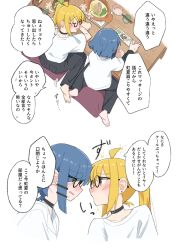 Rule 34 | 2girls, ahoge, barefoot, black choker, black pants, blonde hair, blue hair, blush, bocchi the rock!, bowl, choker, chopsticks, closed eyes, commentary request, forehead-to-forehead, glasses, green eyes, hair ornament, hairclip, heads together, highres, ijichi nijika, long hair, look4 osagashi, multiple girls, open mouth, pants, red eyes, shirt, short sleeves, side ponytail, speech bubble, table, translated, white background, white shirt, yamada ryo, yuri