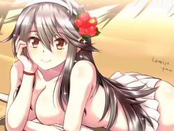 Rule 34 | 1girl, areola slip, ass, breasts, brown eyes, closed mouth, flower, hair between eyes, hair flower, hair ornament, haruna (kancolle), kantai collection, kumichou (nakasato-gumi), large breasts, long hair, looking at viewer, one-hour drawing challenge, smile, solo, sparkle, swimsuit