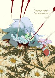 Rule 34 | 1boy, absurdres, animal ears, animal nose, artist name, blood, blue fur, blue hair, body fur, dated, dutch angle, ears down, english text, engrish text, floral print, full body, furry, furry male, gloves, green eyes, half-closed eyes, highres, impaled, long hair, lying, male focus, needle, on side, ranguage, red footwear, shoes, signature, socks, solo, sonic (series), sonic the hedgehog, tail, white gloves, white socks, yusond
