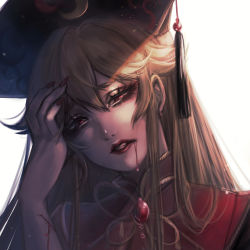 Rule 34 | 1girl, absurdres, backlighting, black dress, blonde hair, blood, blood from mouth, brooch, chinese clothes, dress, earrings, eyebrows, eyelashes, fingernails, hair between eyes, hand in own hair, head tilt, highres, jewelry, junko (touhou), kyogoku-uru, lipstick, long fingernails, long hair, makeup, mascara, nail polish, nose, red eyes, red lips, red nails, red pupils, shaded face, sidelocks, slit pupils, slit wrist, solo, stud earrings, sunlight, tabard, tassel, touhou, upper body, very long hair