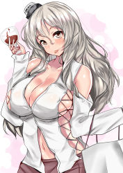 Rule 34 | 10s, 1girl, blouse, blush, breasts, brown skirt, cleavage, clothing cutout, collarbone, commentary request, cross-laced clothes, cross-laced top, cup, drinking glass, grey eyes, hat, highres, kantai collection, large breasts, long hair, long sleeves, looking at viewer, navel, pola (kancolle), revealing clothes, sankakusui, shirt, shoulder cutout, sideboob, sidelocks, silver hair, skirt, solo, stomach, tongue, tongue out, upper body, wavy hair, white shirt, wine glass