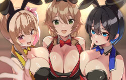 Rule 34 | 3girls, animal ears, black hair, blonde hair, blue eyes, blush, bow, bowtie, braid, breast press, breasts, brown hair, bunny garden, buttons, cleavage, double-breasted, fake animal ears, flower, gradient hair, green eyes, hair flower, hair ornament, highres, huge breasts, kana (bunny garden), large breasts, looking at viewer, miuka (bunny garden), multicolored hair, multiple girls, necktie, open mouth, pink eyes, rabbit ears, rin (bunny garden), short hair, side ponytail, skirt, twin braids, two-tone hair, vest, yamacchi, yellow bow, yellow bowtie, yellow skirt