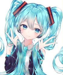 Rule 34 | 1girl, absurdres, aqua eyes, aqua hair, aqua nails, aqua necktie, black sleeves, blush, closed mouth, collared shirt, commentary, detached sleeves, double v, floating hair, hair between eyes, hair ornament, hands up, hatsune miku, highres, holding, holding hands, holding own hair, huge filesize, long hair, long sleeves, looking at viewer, morino wako, nail polish, necktie, shirt, simple background, smile, solo, twintails, twitter username, v, vocaloid, white background, white shirt