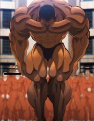 Rule 34 | 1boy, abs, biscuit oliva, black hair, dark-skinned male, dark skin, grappler baki, highres, male focus, mature male, muscular, muscular arms, muscular legs, muscular male, pectorals, prison, prison clothes, screencap, solo, standing, third-party edit