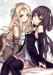 Rule 34 | 10s, 2girls, bare shoulders, black hair, black legwear, blonde hair, blue eyes, blush, bridal gauntlets, brown eyes, card, clammy zell, elbow gloves, elf, feel nilvalen, frilled skirt, frills, gloves, hair rings, highres, long hair, looking at viewer, mouth hold, multiple girls, no game no life, normaland, pointy ears, skirt, smile, thighhighs, yuri, zettai ryouiki
