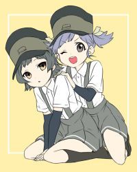 Rule 34 | 10s, 2girls, arare (kancolle), black hair, blue hair, brown eyes, hat, kantai collection, multiple girls, one eye closed, ooshio (kancolle), sekina, short hair, smile, suspenders, twintails