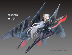 Rule 34 | 1girl, ballerina, ballet slippers, black dress, bomb, breasts, commentary request, dress, elbow gloves, explosive, full body, gloves, grey background, halberd, highres, holding, holding polearm, holding weapon, long hair, looking at viewer, mecha musume, medium breasts, mig-29, missile, original, pantyhose, plantar flexion, polearm, red eyes, shiny clothes, solo, thrusters, tutu, ushas, very long hair, weapon, white hair, wings