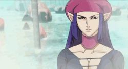 Rule 34 | 1girl, angry, animated, animated gif, breasts, character request, cleavage, green eyes, hat, large breasts, long hair, pointy ears, purple hair, seigenki, seigenki (the urotsuki), urotsukidouji, very long hair
