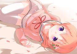 Rule 34 | 1girl, bed sheet, blush, cardigan, closed mouth, commentary request, gochuumon wa usagi desu ka?, guraasan, hair between eyes, hair ornament, hairclip, highres, hoto cocoa, hoto cocoa&#039;s school uniform, light brown hair, long hair, long sleeves, looking at viewer, lying, neck ribbon, on side, petals, pink cardigan, pleated skirt, purple eyes, red ribbon, ribbon, sailor collar, school uniform, skirt, sleeves past wrists, smile, solo, thighhighs, white sailor collar, white skirt, white thighhighs