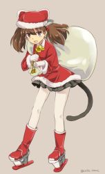 Rule 34 | 10s, 1girl, :d, bell, black skirt, boots, brown background, brown eyes, brown hair, cat tail, collar, full body, fur trim, gloves, hat, highres, ice skates, japanese clothes, kantai collection, kariginu, looking at viewer, moca blanc, neck bell, open mouth, over shoulder, pantyhose, paw pose, pleated skirt, red footwear, ryuujou (kancolle), sack, santa boots, santa costume, santa hat, simple background, skates, skirt, smile, solo, tail, twintails, twitter username, white gloves, white pantyhose