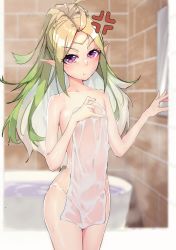 Rule 34 | 1girl, absurdres, ahoge, anger vein, bath, blonde hair, blush, brick wall, commission, cowboy shot, curtains, female focus, fire emblem, fire emblem awakening, flat chest, gradient hair, green hair, highres, holding, holding towel, indoors, long hair, looking at viewer, multicolored hair, naked towel, navel, nintendo, nowi (fire emblem), nude, pointy ears, pouty lips, purple eyes, sidelocks, skeb commission, solo, steam, thomas (aoakumasan), towel, wet towel