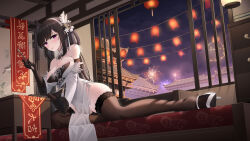 Rule 34 | 1girl, absurdres, aerial fireworks, architecture, azur lane, bare shoulders, breasts, brown gloves, brown hair, brown thighhighs, calligraphy brush, chen hai (azur lane), china dress, chinese clothes, cleavage, detached sleeves, dress, east asian architecture, elbow gloves, fireworks, flower, full body, gloves, hair flower, hair ornament, high heels, highres, holding calligraphy brush, holding paintbrush, indoors, jfzm001, lace, lace-trimmed thighhighs, lantern, large breasts, long hair, long sleeves, looking at viewer, paper lantern, pelvic curtain, purple eyes, shoes, solo, thighhighs, two-tone footwear