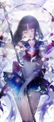 Rule 34 | 1girl, abstract background, absurdres, back bow, bishoujo senshi sailor moon, black hair, bow, brooch, choker, cowboy shot, elbow gloves, expressionless, closed eyes, facing viewer, gloves, highres, holding, holding polearm, holding spear, holding weapon, jewelry, kuroe (artist), magical girl, pleated skirt, polearm, purple bow, purple neckwear, purple sailor collar, purple skirt, sailor collar, sailor saturn, sailor senshi uniform, short hair, silence glaive, skirt, solo, spear, standing, star (symbol), star brooch, star choker, tomoe hotaru, weapon, white gloves