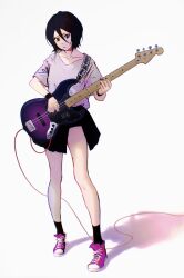 Rule 34 | 1girl, :&lt;, absurdres, bass guitar, black eyes, black hair, black shorts, black skirt, black socks, bleach, breasts, cable, closed mouth, collarbone, full body, hair between eyes, high tops, highres, holding, holding instrument, ihsekodwww, instrument, kuchiki rukia, long bangs, loose hair strand, music, playing instrument, pleated skirt, purple footwear, shadow, shirt, shoes, short hair, short shorts, shorts, shorts under skirt, side slit, simple background, skirt, small breasts, sneakers, socks, solo, standing, strap, t-shirt, white background, white shirt