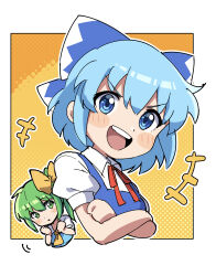 Rule 34 | +++, 2girls, :d, absurdres, ascot, blue bow, blue eyes, blue hair, bow, cirno, collared shirt, cropped torso, crossed arms, daiyousei, green eyes, green hair, hair bow, highres, miz (mizillustration), multiple girls, one-hour drawing challenge, open mouth, outline, outside border, puffy short sleeves, puffy sleeves, shirt, short hair, short sleeves, sketch, smile, solo focus, touhou, v-shaped eyebrows, white outline, white shirt, yellow ascot, yellow background