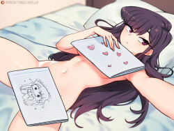 Rule 34 | 1girl, black hair, completely nude, covering privates, covering breasts, covering crotch, highres, komi-san wa komyushou desu, komi shouko, long hair, looking away, lying, navel, notebook, nude, on back, paid reward available, pillow, selfie, solo, tobias wheller