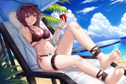 Rule 34 | 1girl, arm up, armpits, bare legs, bare shoulders, barefoot, beach, beach chair, bikini, blue sky, cloud, commentary request, cup, day, drinking glass, dutch angle, eyewear on head, floral print, grin, highres, holding, holding cup, honkai: star rail, honkai (series), jacket, kafka (honkai: star rail), knee up, long hair, long sleeves, looking at viewer, navel, open clothes, open jacket, purple bikini, purple eyes, purple hair, sitting, sky, skym (kumei), smile, solo, stomach, sunglasses, swimsuit, thigh strap, thighs, white jacket, wine glass