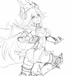 Rule 34 | &gt;:), 10s, 1girl, ass, breasts, cape, draph, elbow gloves, female focus, from behind, gene (gear gene), gloves, granblue fantasy, greyscale, grin, hair between eyes, horns, large breasts, lineart, long hair, looking back, miniskirt, monochrome, simple background, skirt, smile, solo, thighhighs, threo (granblue fantasy), v-shaped eyebrows, very long hair, white background