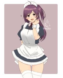 Rule 34 | 1girl, alternate costume, apron, arm behind back, artist logo, black dress, blush, border, breasts, collared shirt, dress, embarrassed, enmaided, frilled apron, frills, hagikaze (kancolle), hair between eyes, highres, kantai collection, kerchief, long hair, maid, maid apron, maid headdress, medium breasts, mochizou, neck ribbon, one side up, open mouth, puffy sleeves, purple background, red ribbon, ribbon, shirt, smile, solo, sweatdrop, thighhighs, two-tone background, white apron, white border, white thighhighs, wrist cuffs, yellow eyes